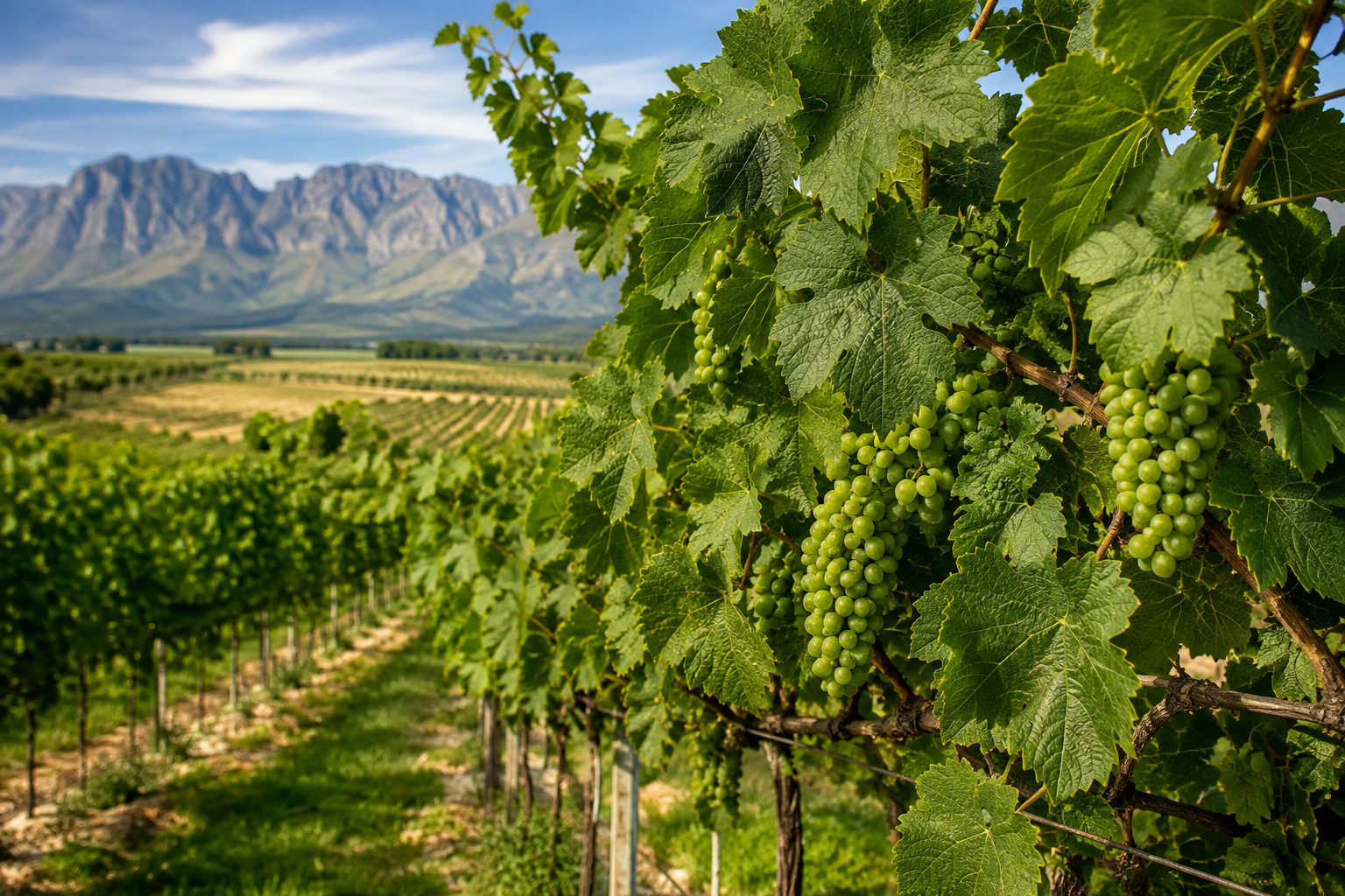 Wine grapes growing in the Buitenstekloof vineyard